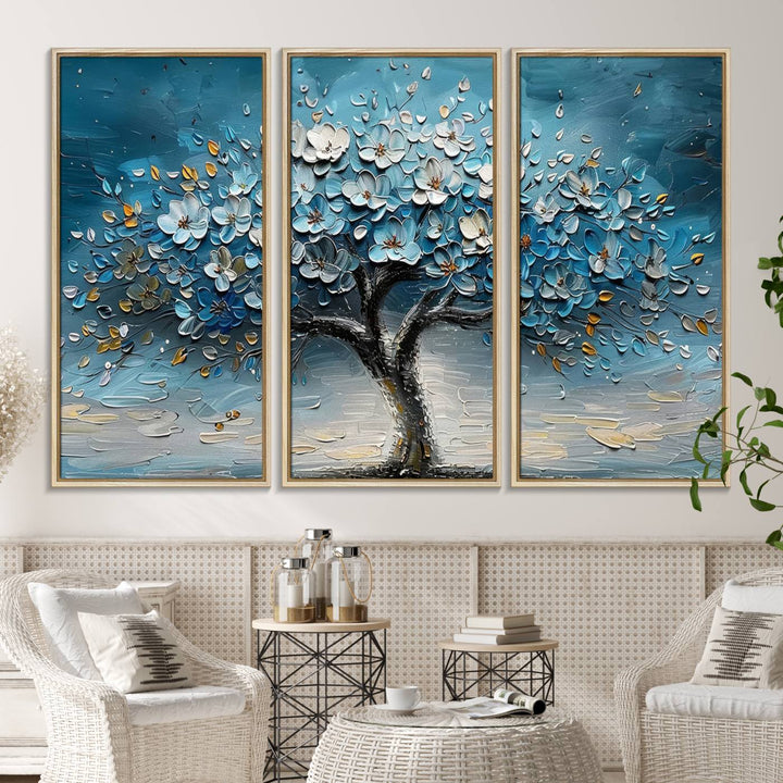 Abstract Blooming Tree Wall Art Print features blue, white, and gold textures on museum-quality canvas, perfect for modern decor.