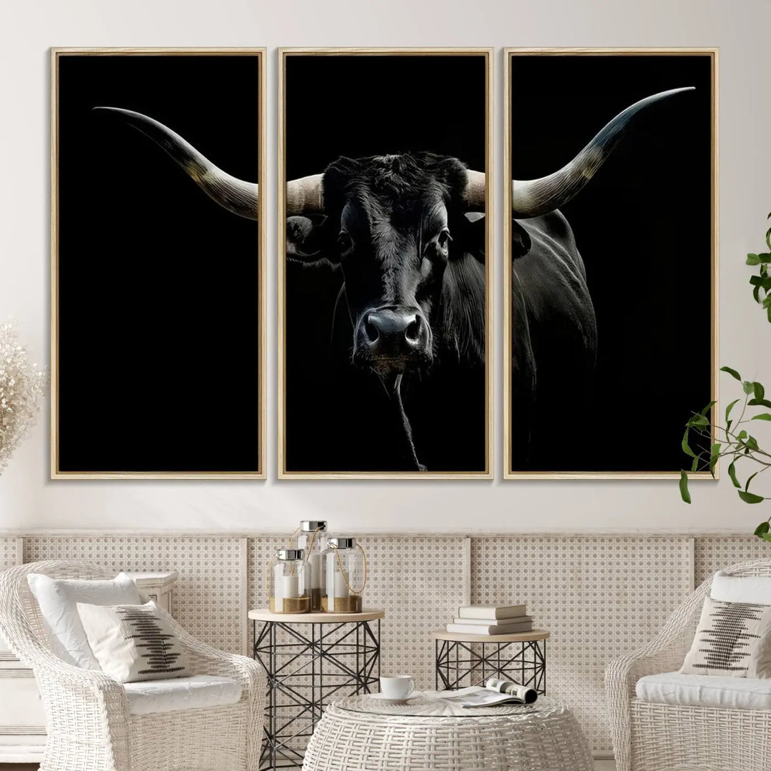 A captivating close-up canvas print of a Texas Black Longhorn with impressive curved horns set against a dark backdrop, ideal as a standout piece in your collection of Longhorn Cow Wall Art.