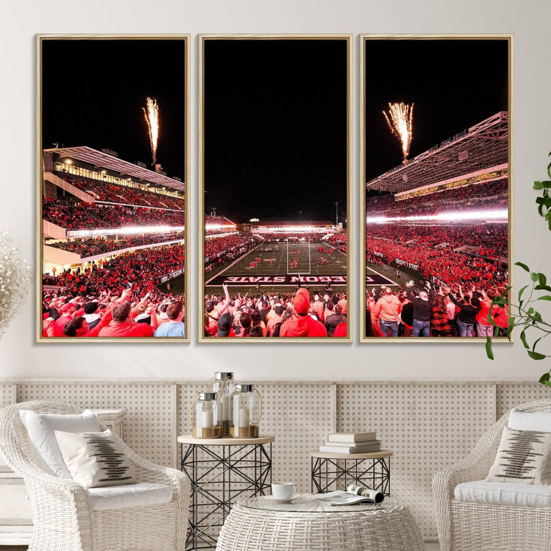 At Corvallis Reser Stadium, vibrant wall art captures the spirit of Oregon State Beavers football against a backdrop of a fireworks-lit night sky.