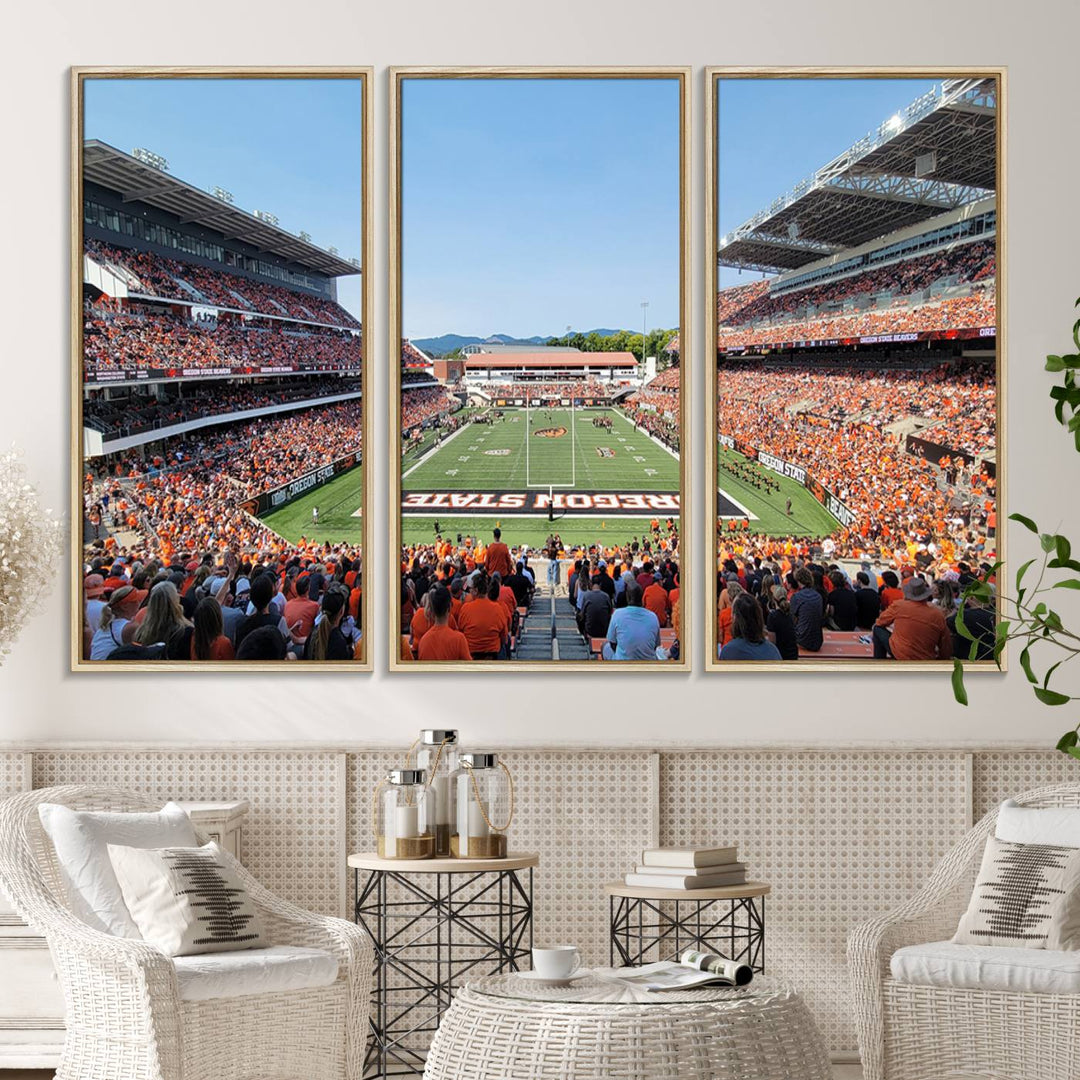 Wide-angle view of Corvallis Reser Stadium with Oregon State field, depicted in Beavers team print canvas art.