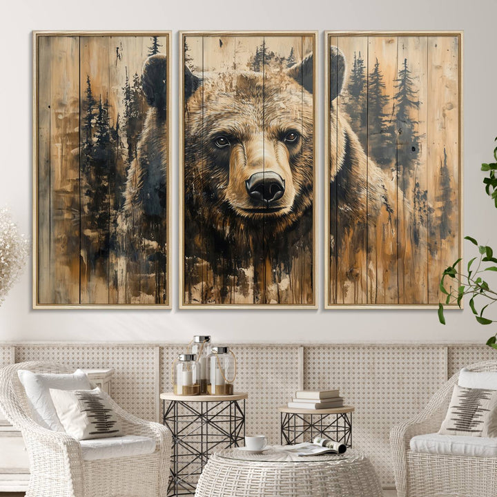 Majestic Grizzly 399 Bear 3-panel rustic canvas print with woodland theme.