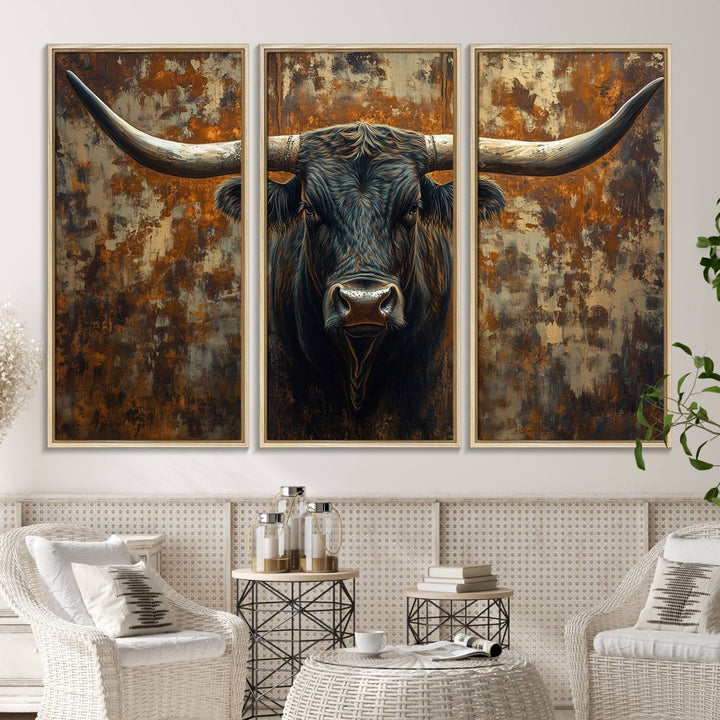 The Longhorn Texas Cow Bull Wall Art canvas print showcases rustic farmhouse decor.