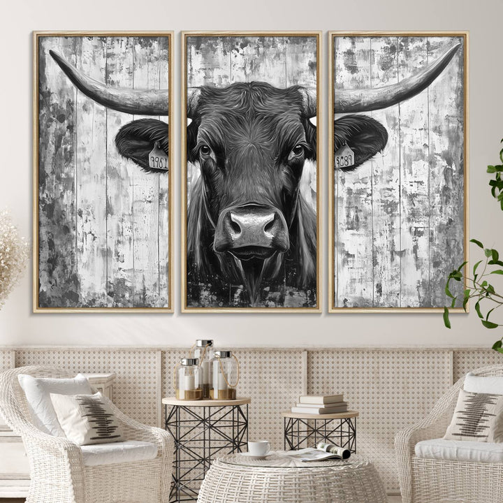 Abstract Longhorn Bull canvas print, featuring rustic Texas-themed wall art on a wooden background, ideal for Western decor.