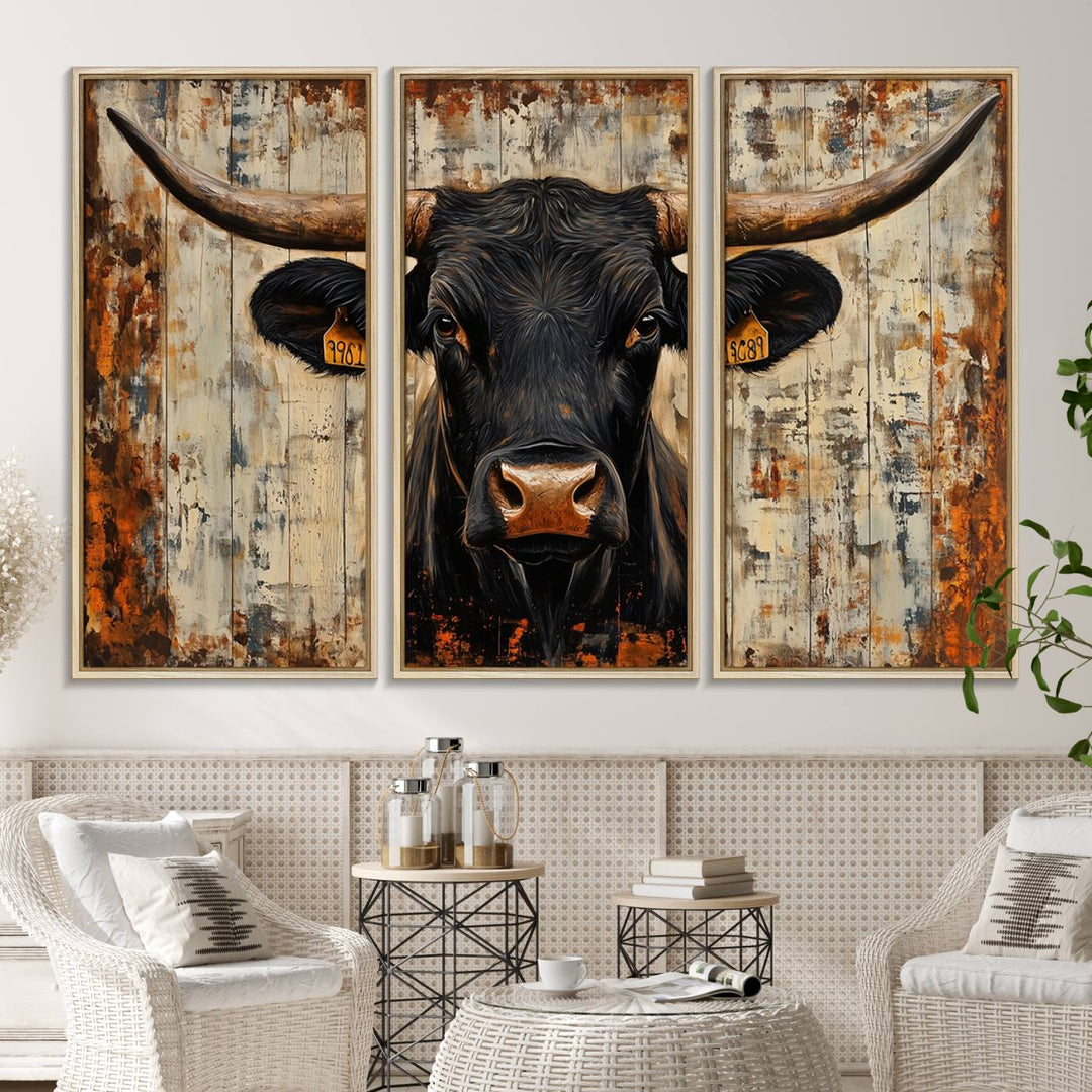 Black bull painting with horns and ear tags, ideal for rustic Texas decor - Abstract Cow Longhorn Bull Canvas Print.