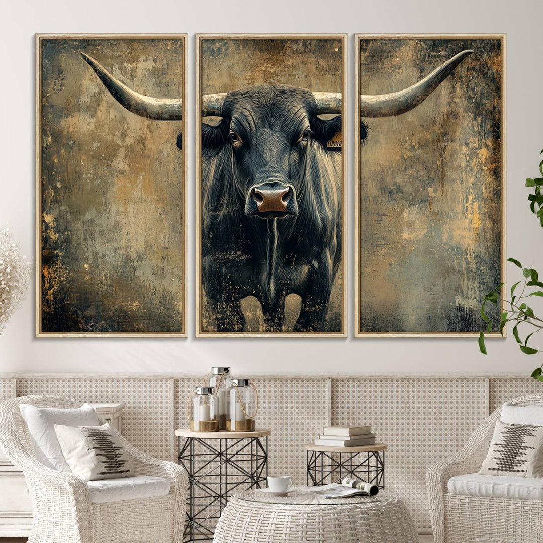 The Longhorn Bull Canvas Print features a bull with prominent horns facing forward, depicted in abstract Texas Western art style.