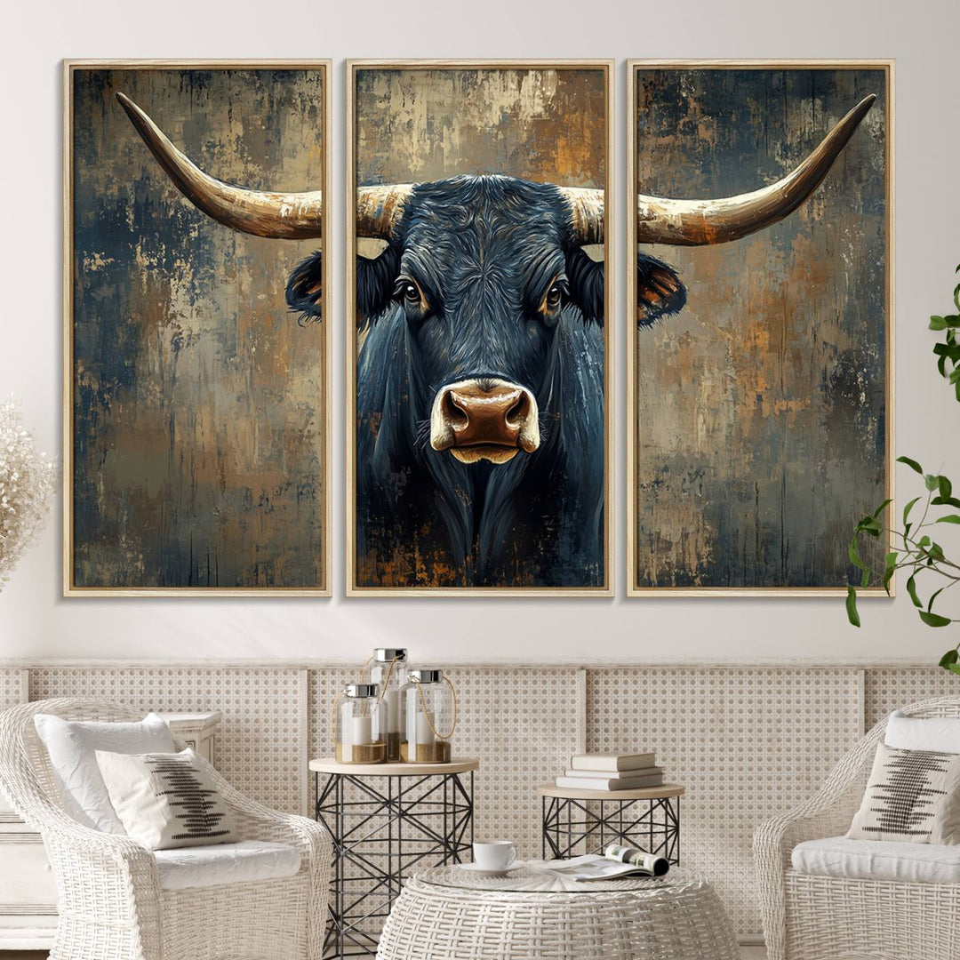 The Texas Western Wall Art Canvas Print showcases a Longhorn Bull set against an abstract brown and gray backdrop, making it perfect for rustic decor.