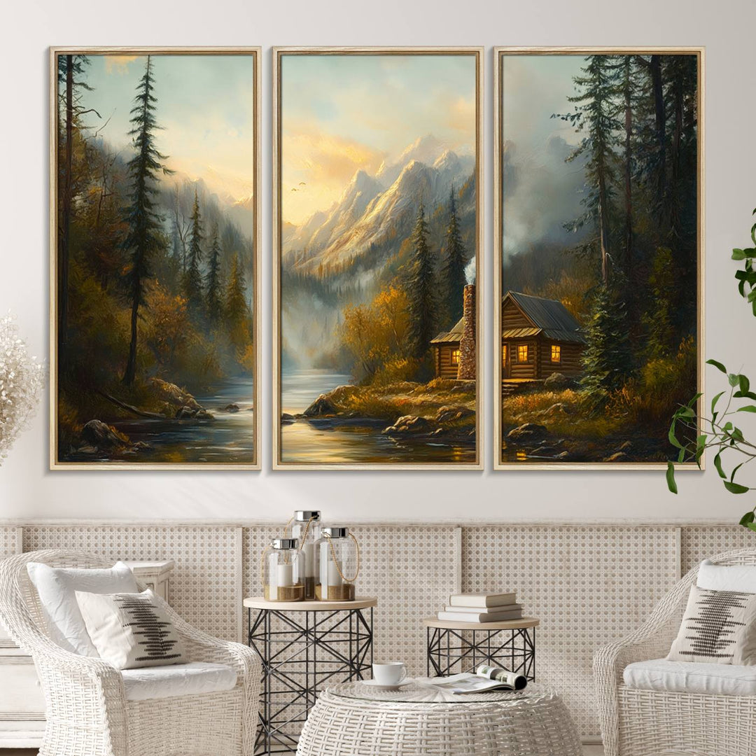 A cozy Wood Cabin Retreat Mountain at Sunset Wall Art features a serene forest and river landscape with smoke rising on a canvas print.