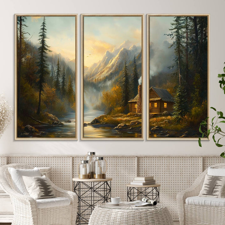 A cozy Wood Cabin Retreat Mountain at Sunset Wall Art features a serene forest and river landscape with smoke rising on a canvas print.