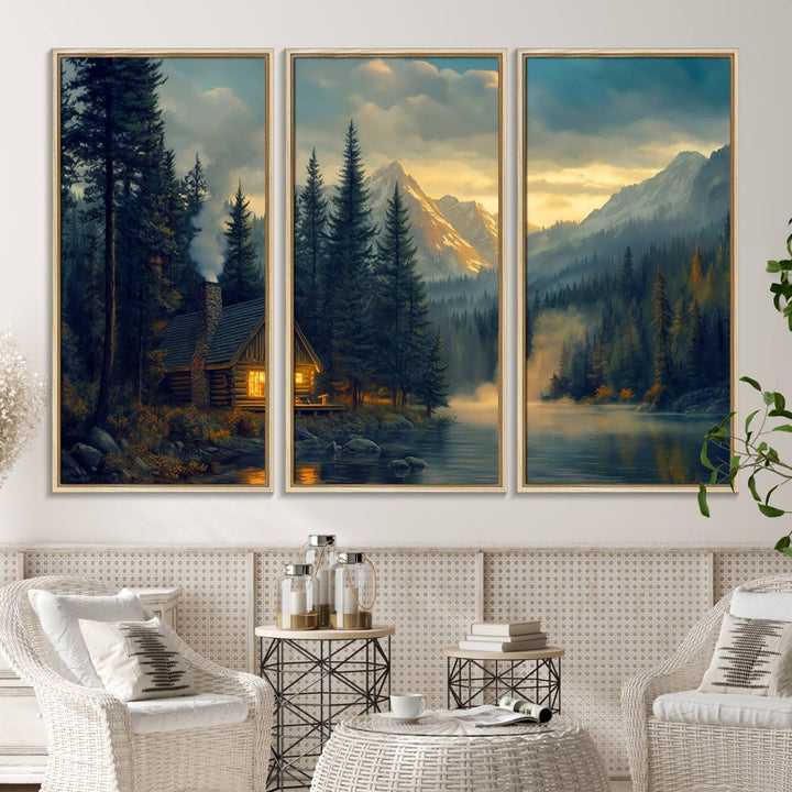 Serene sunset lake wall art: a cozy mountain cabin with lights, framed by pine trees and set against a moody sky. Ideal for adding rustic lodge charm to your space.