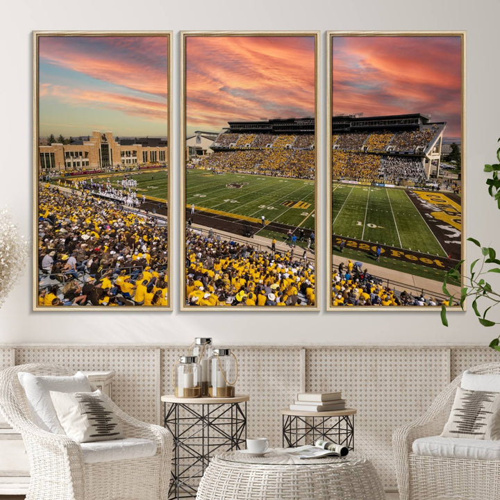 Capture the essence of a packed War Memorial Stadium at sunset with the Cowboys Football Canvas Print, highlighting fans cheering in yellow.