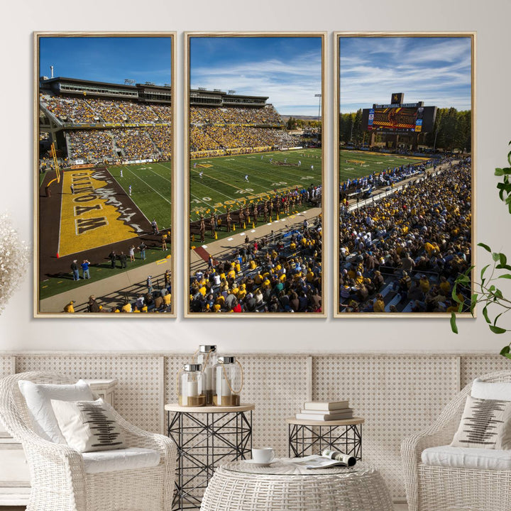 Canvas Wall Art Print: University of Wyoming Cowboys action at Jonah Field War Memorial Stadium under a sunny blue sky.