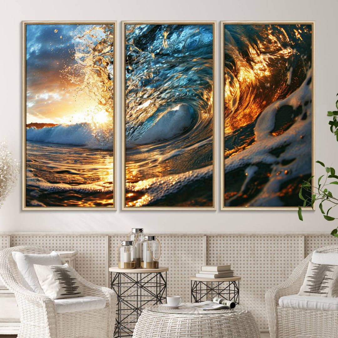 The Ocean Wave at Sunset canvas captures fiery waves with golden and blue hues, making it a perfect addition to nautical-themed decor.