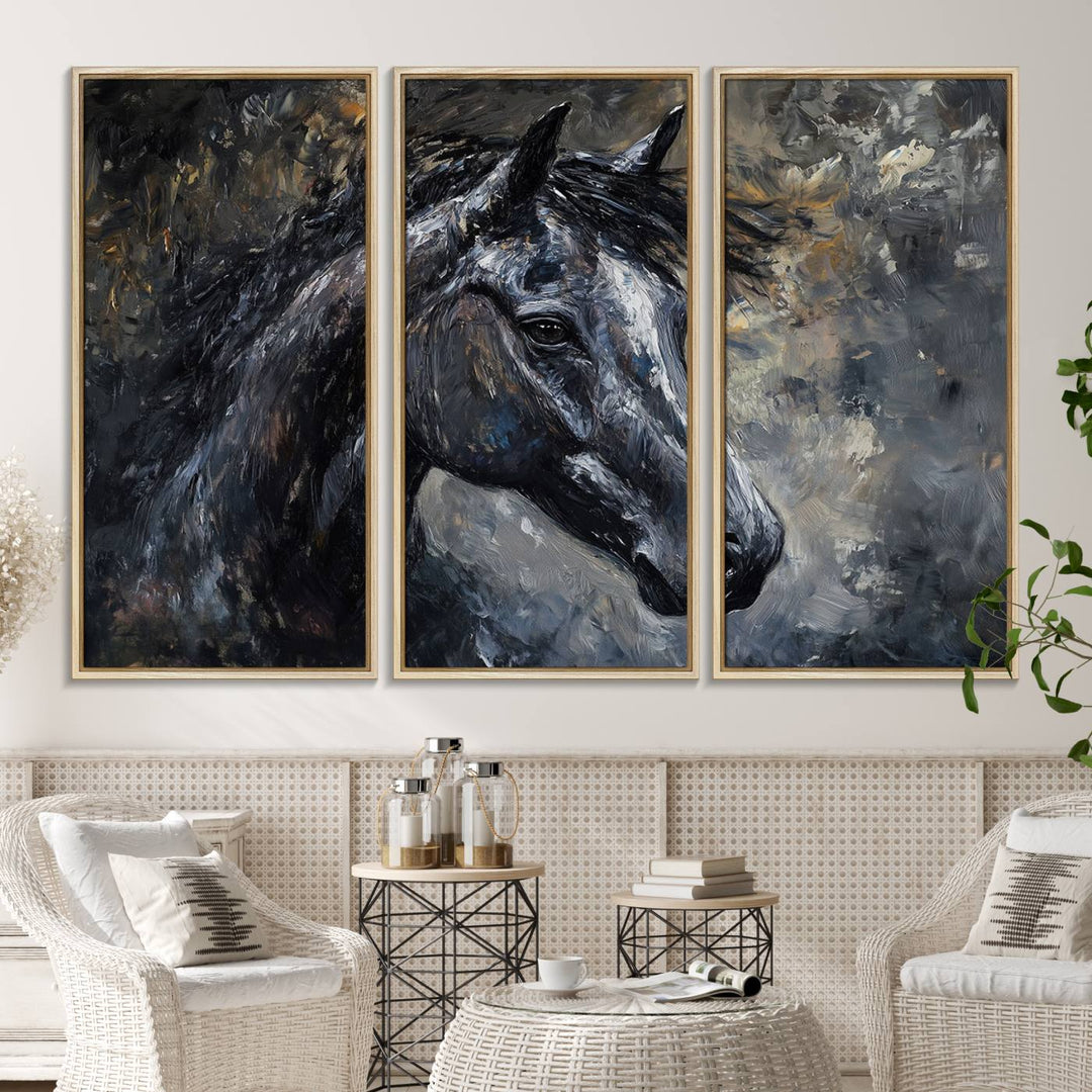 Abstract Horse Wall Art Canvas: A dark horses head and flowing mane set against a textured, muted background.