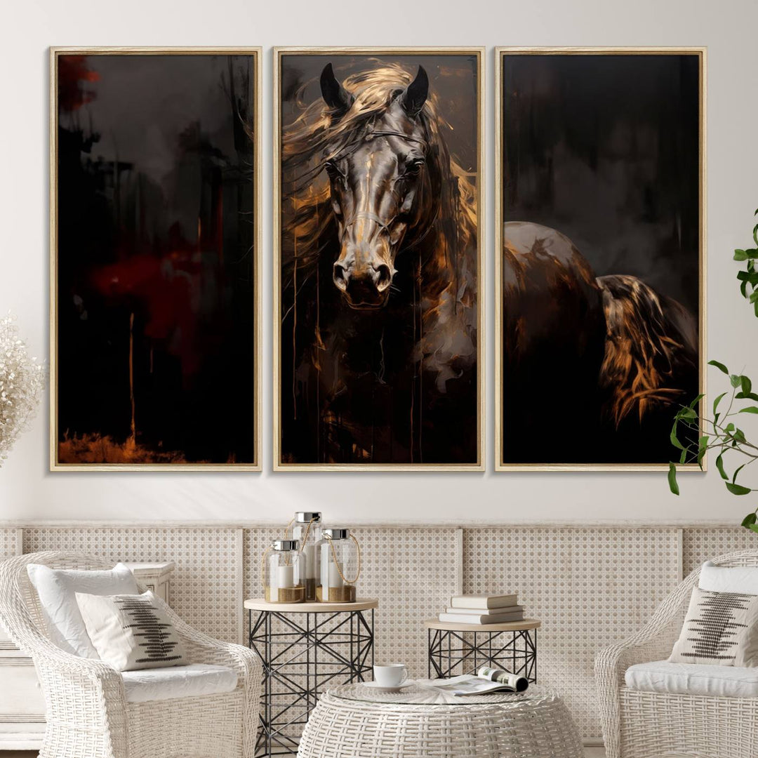 Abstract Black Horse Canvas Print – Featuring an equine spirit with a flowing mane on a dark background, perfect as farmhouse wall art.