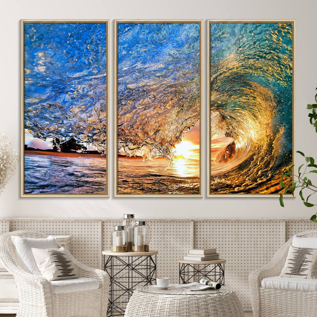 The Ocean Wave at Sunset Canvas Art captures vibrant coastal colors, perfect for nautical decor.