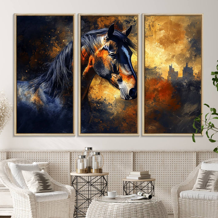 Abstract Horse Art Print on canvas, featuring a colorful background, perfect for rustic farmhouse or equestrian decor.