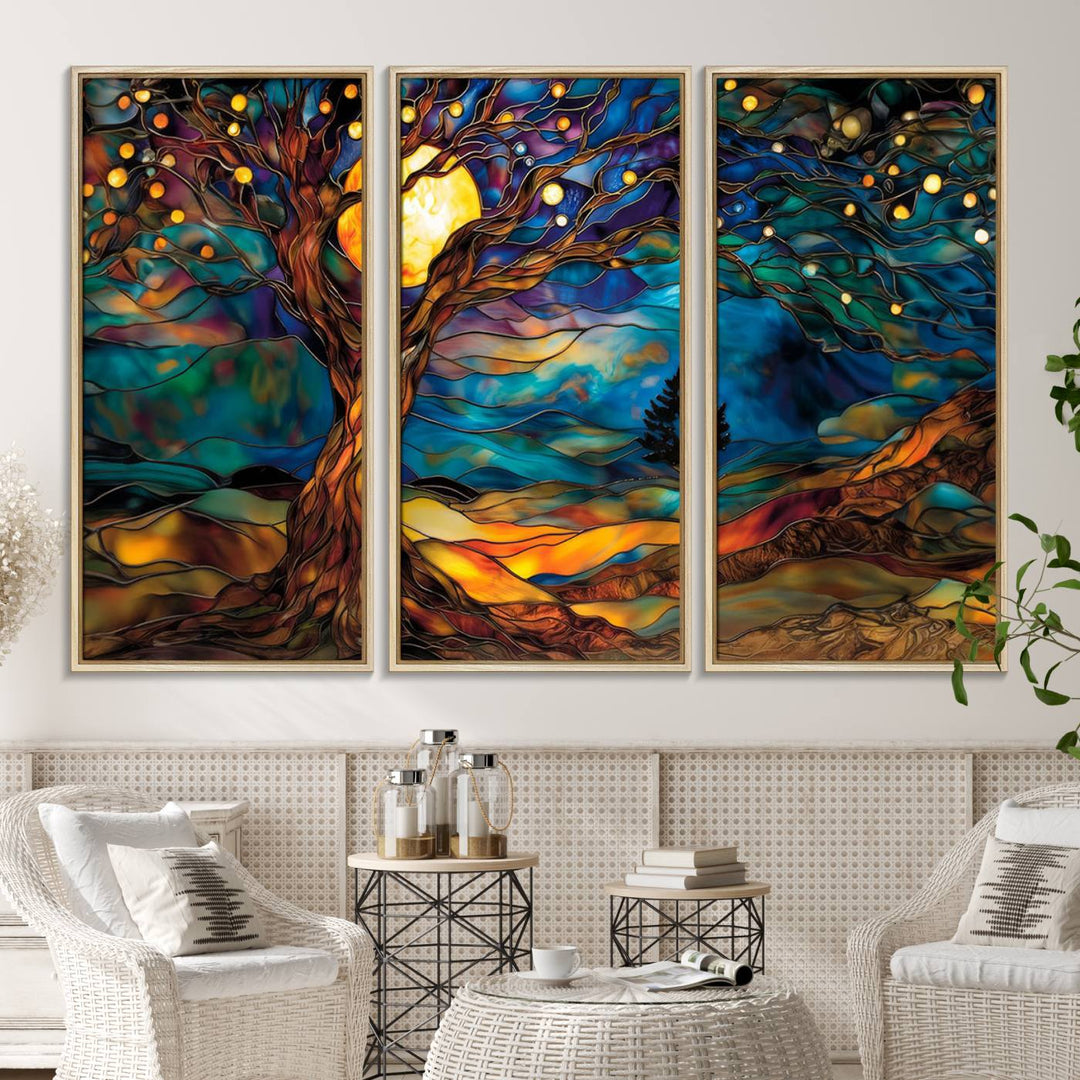 The vibrant Yggdrasil Tree of Life Wall Art depicts a moonlit tree.