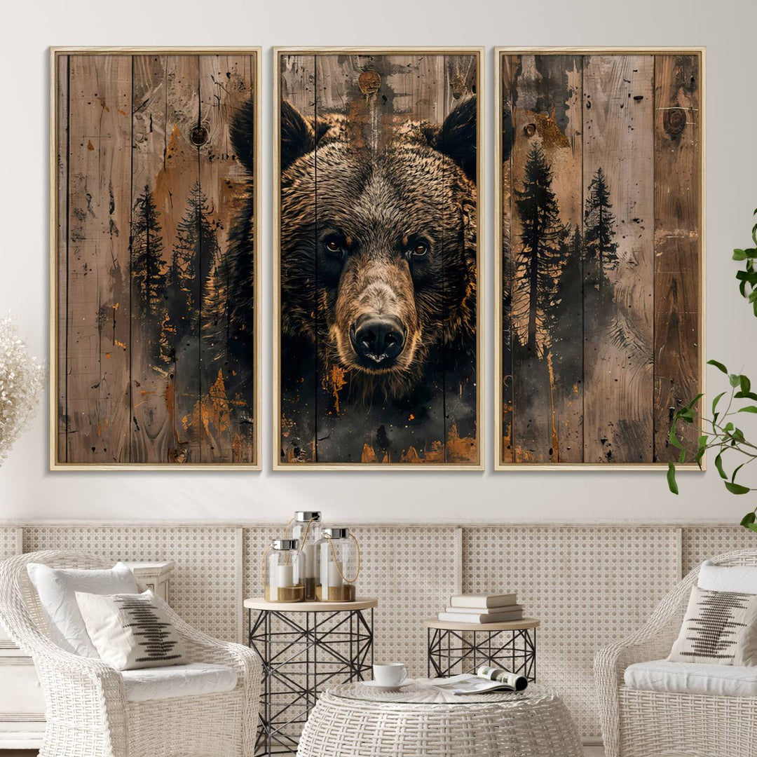 The bedroom showcases the Rustic Grizzly 399 Wall Art, a triptych canvas print that brings woodland charm to the space with its striking depiction of a bear. Elegantly displayed on a wooden wall, it enhances the rustic cabin feel.