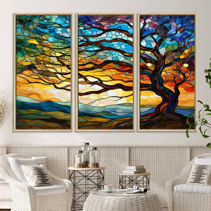 A vivid Tree of Life in stained glass style is depicted with twisted branches, a colorful sky, and hills on a ready-to-hang canvas.