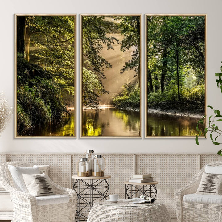 Forest Wall Art Print: A river landscape bathed in sunlight, perfect for rustic decor or as wall art for farmhouses and cabins.