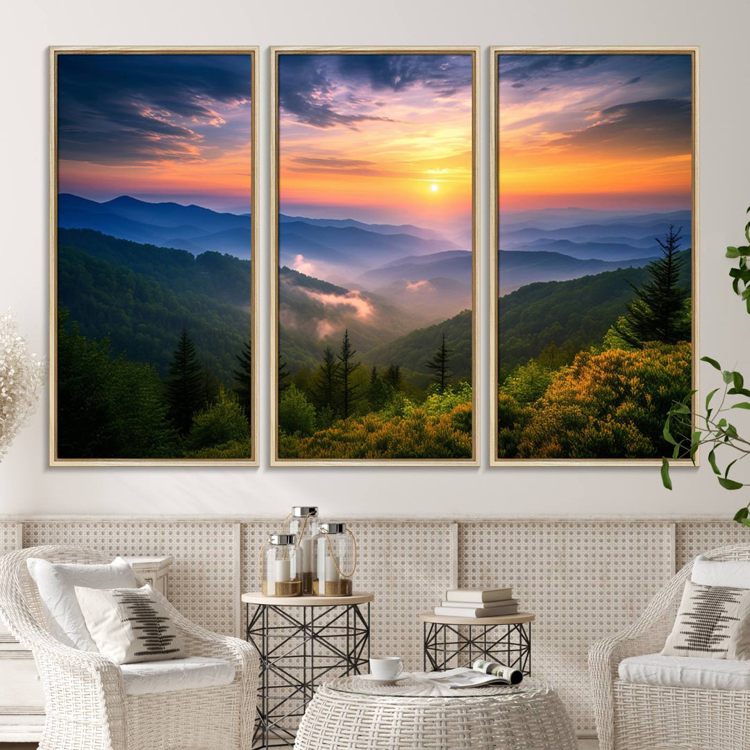 The Majestic Mountain Sunrise Print features a vibrant sky, layered hills, and evergreens, making it a stunning piece of wall decor.