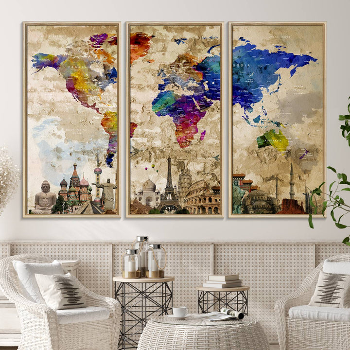 Artistic world map featuring landmarks like the Eiffel Tower, printed on premium wall art for office or living space.