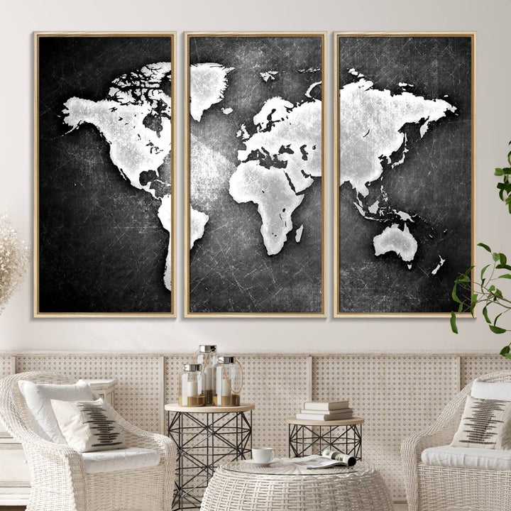 Black & White 3-Panel Framed World Map Canvas Art with Grunge Design.