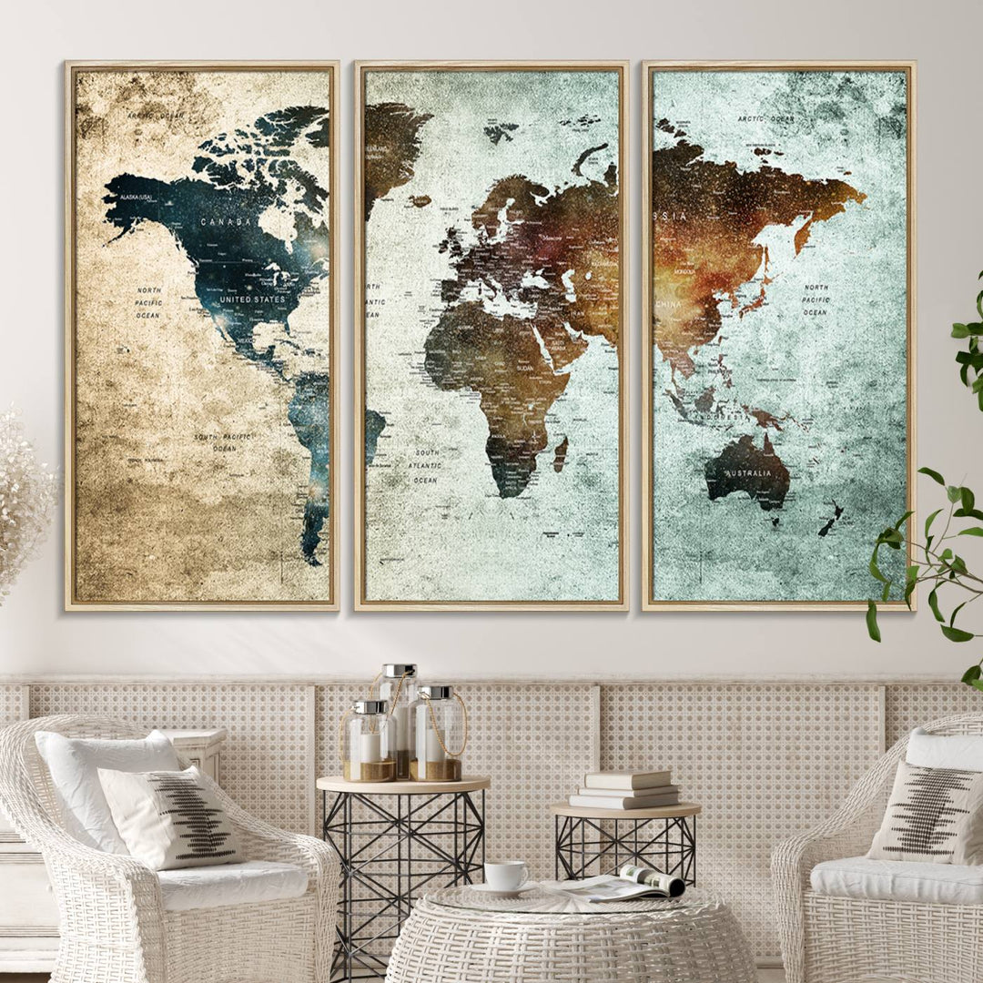 The Push Pin World Map Canvas Print serves as an ideal piece of wall art for travel lovers, showcasing vibrant colors and intricate details.