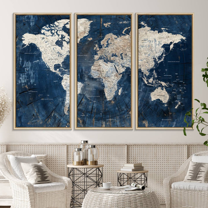 Rustic World Map Wall Art Canvas: Features a vintage blue design with a wood texture, highlighting continents in light hues.