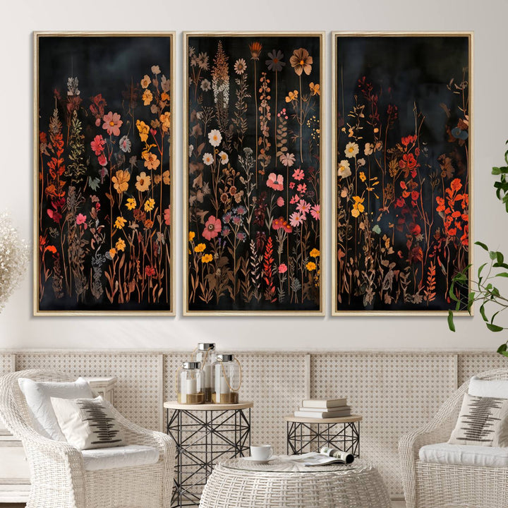 A large wildflower painting print on canvas featuring a colorful floral illustration, perfect as botanical decor for a stylish home.