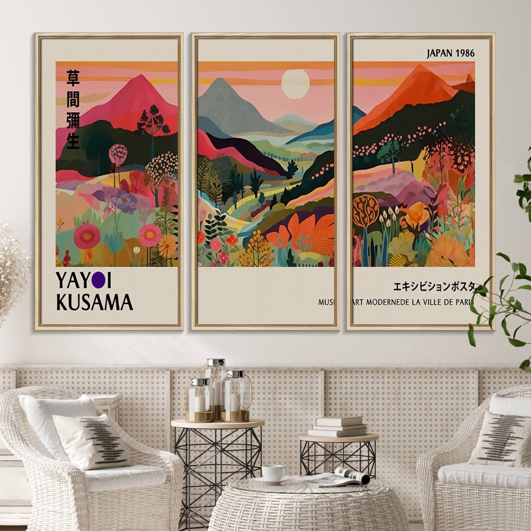 A vibrant abstract landscape by Yayoi Kusama adorns a Wabi Sabi ready-to-hang canvas print, featuring mountains and flowers.