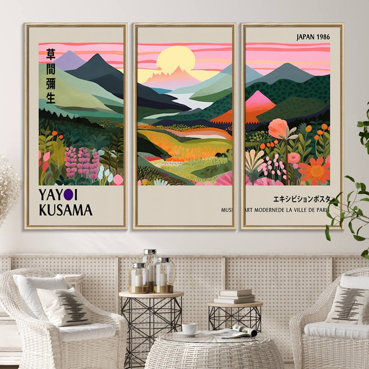 Vibrant abstract landscape canvas with mountains and fields, titled Yayoi Kusama 1986 Wall Art Print.