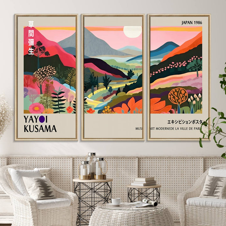 Vibrant abstract landscape canvas inspired by Yayoi Kusama, featuring mountains, trees, and flowers in a triptych style.