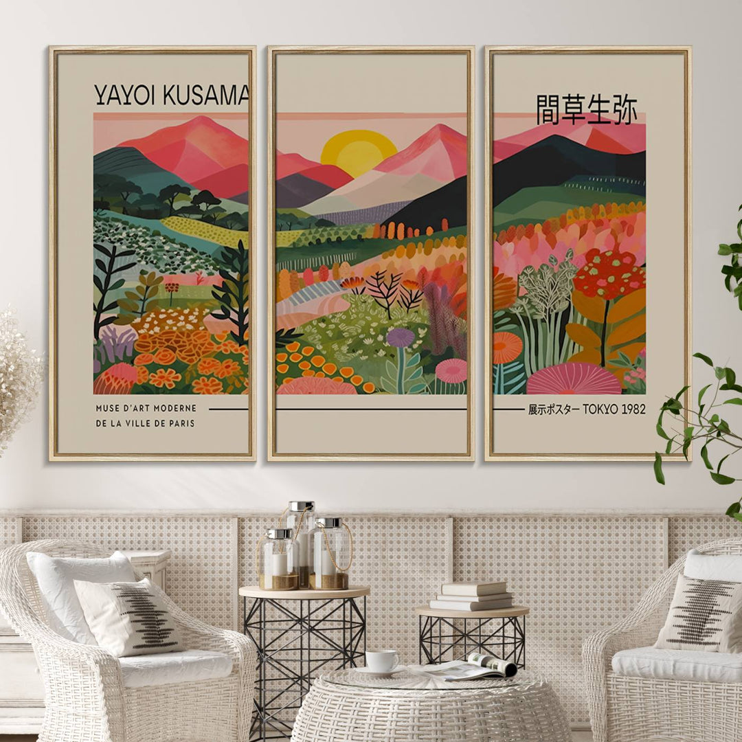 A vibrant abstract triptych features mountains, a sun, and plants in Yayoi Kusamas style with Japanese and French text included.