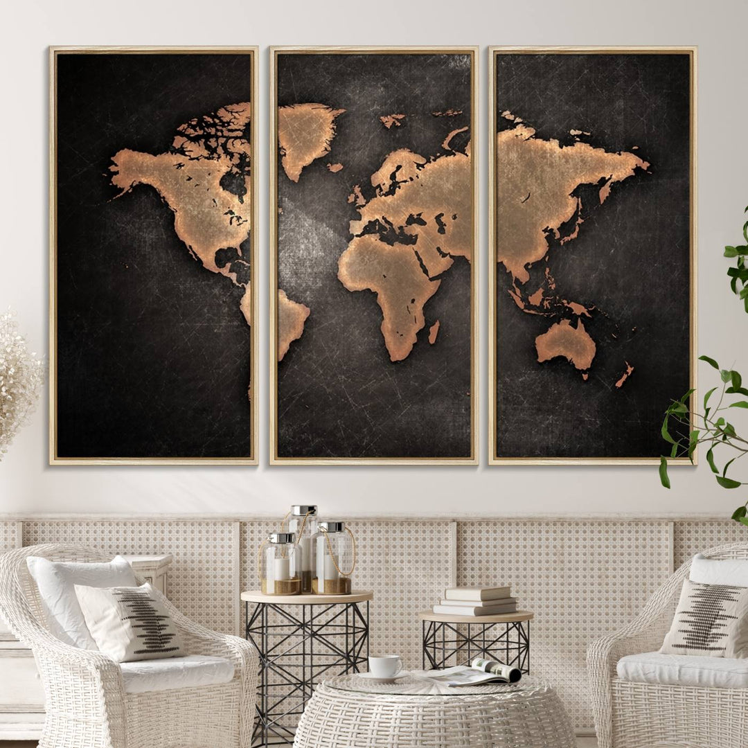 The Modern World Map on a metallic black canvas creates a striking effect.