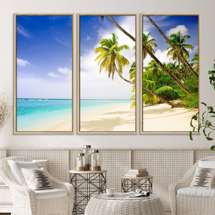 Tropical Beach Canvas: Palm Trees & White Sand Shore Decor, Vibrant Coastal Print, Ready to Hang.