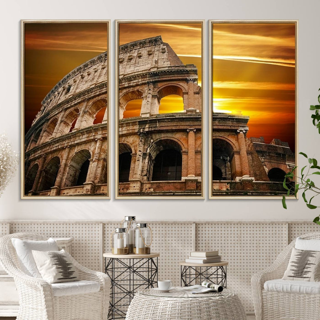 On the wall, theres a piece of art titled Colosseum with Yellow Sunset Behind, Italy.