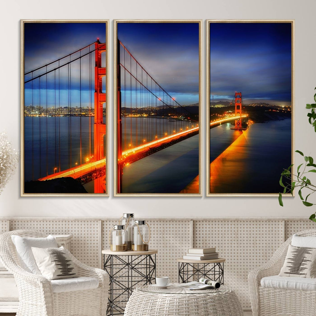 A large wall art San Francisco canvas print of the Golden Gate Bridge at twilight is displayed on a porch.