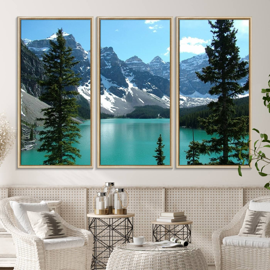 Canadian Rockies Moraine Lake Landscape Canvas Print showcasing a turquoise lake and mountain view.