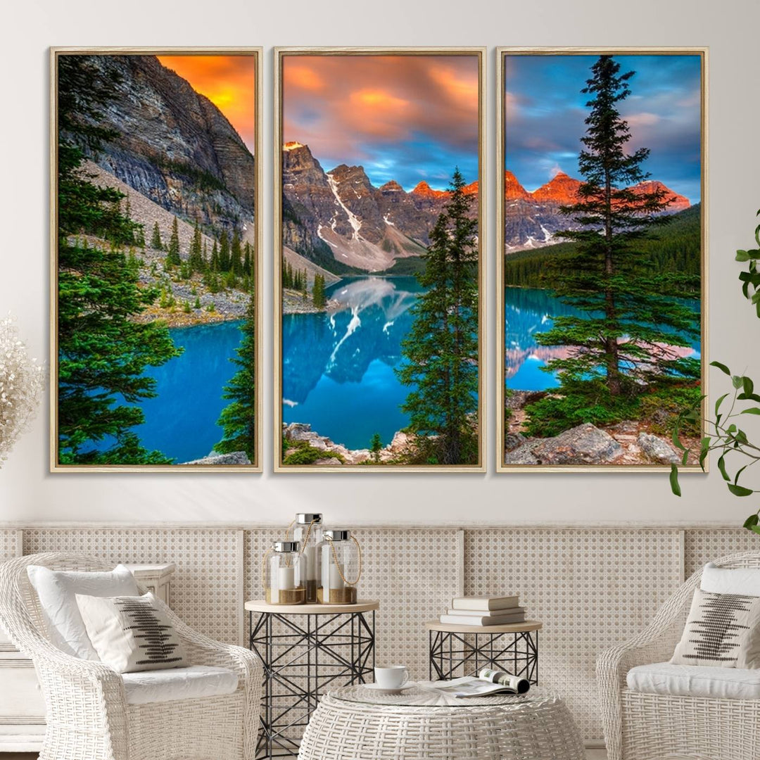 The dining room features a stunning piece of wall art depicting the Canadian Rockies Moraine Lake.