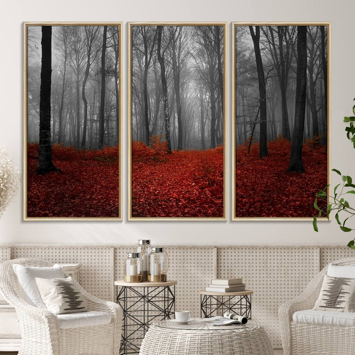 A large, museum-quality canvas print titled Wonderful Forest with Red Leaves.