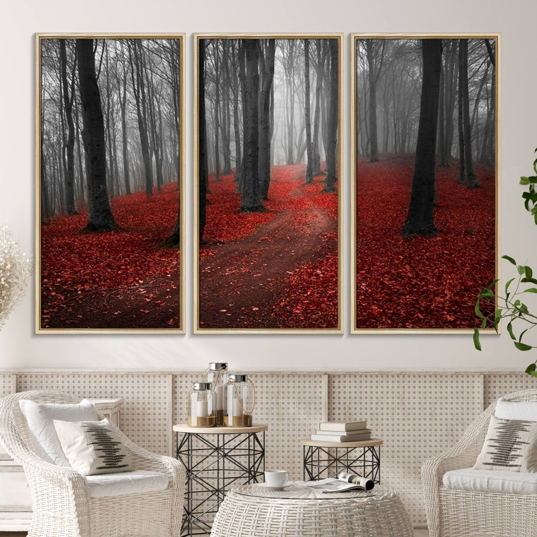 Wonderful Forest artwork: Triptych with red leaves, ideal for nature lovers.