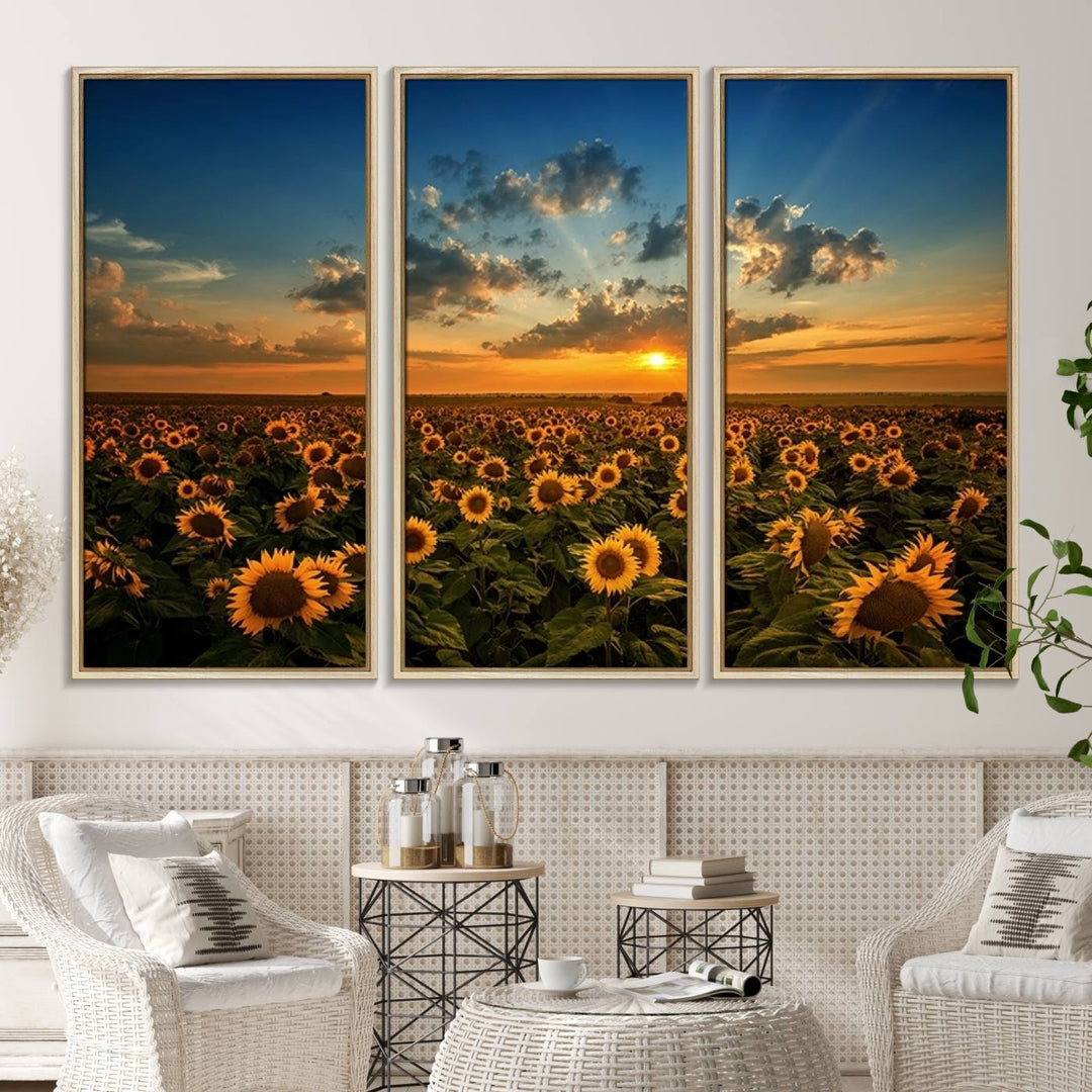 The dining area features the Sunflower Field Sunset Wall Art Canvas Print.