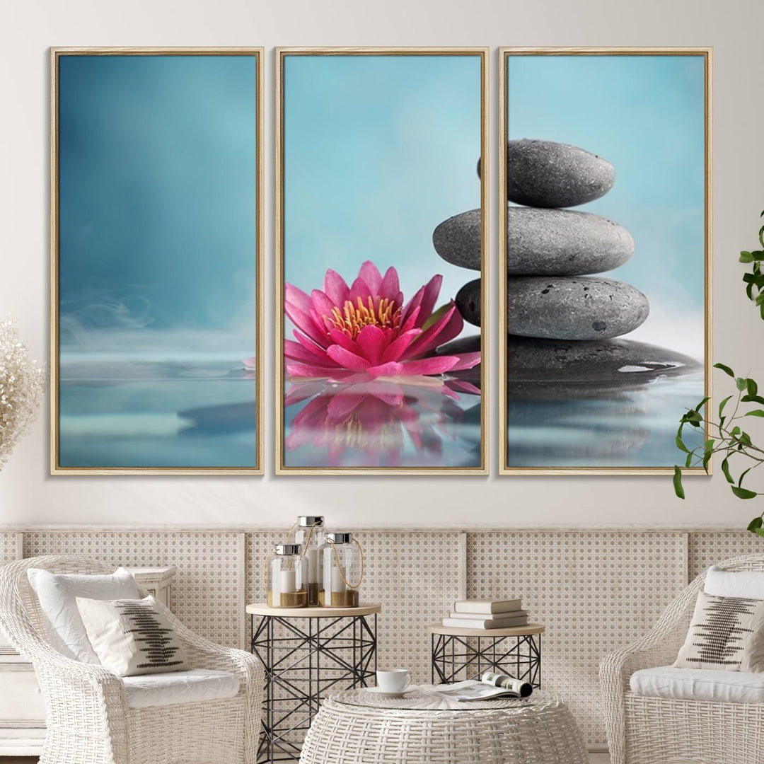 The dining room features a Zen Serenity Triptych wall art, showcasing a calming depiction of lotus flowers and balancing stones.