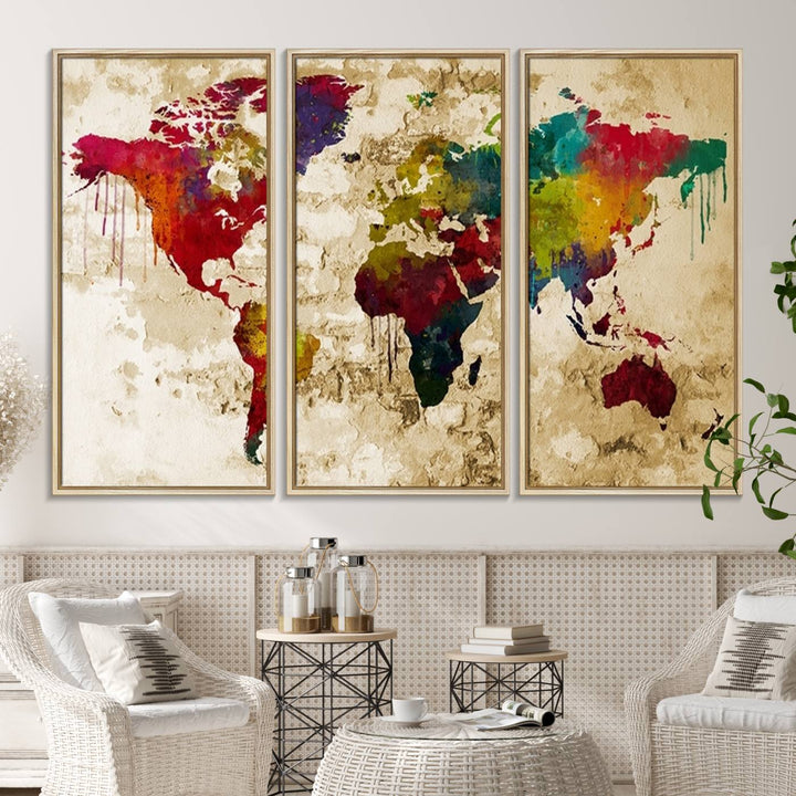 The Rainbow Colored Vintage World Map Canvas Print decorates the room.