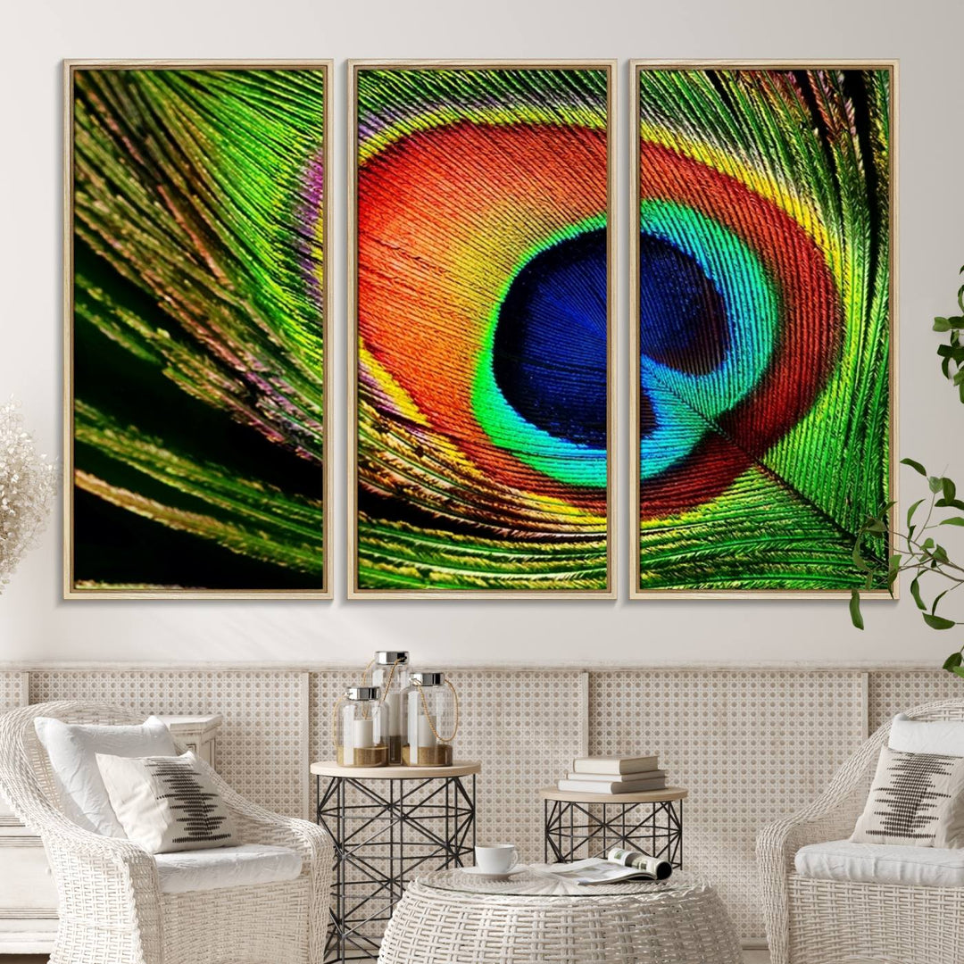 The Colorful Peacock Feather Wall Art Print graces the wall.