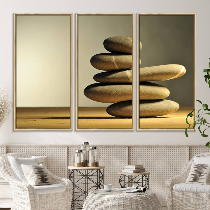 The Yellow Zen Stones on Yellow Background Wall Art is a striking feature in this minimalist kitchen.