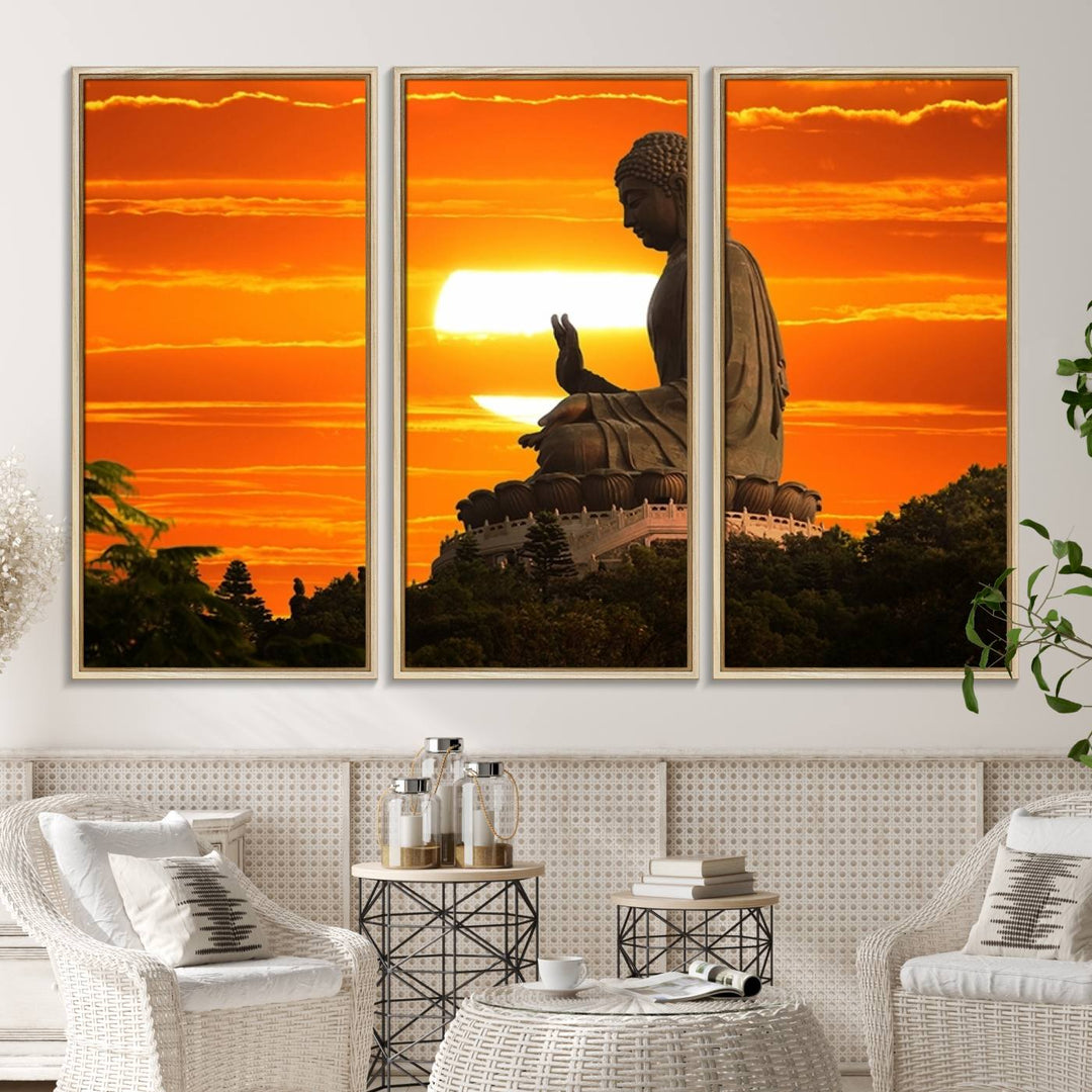 The Buddha Statue at Sunset canvas print adds serenity to the space.