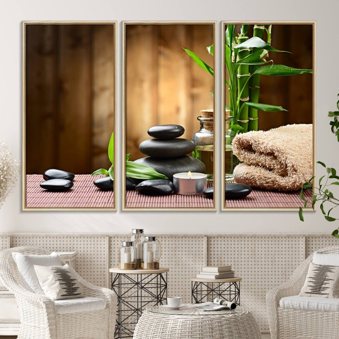 Zen Serenity Triptych Canvas Art: Pink Lotus Flower and Stones, Tranquil Water Lily Print, creating a peaceful spa ambiance.