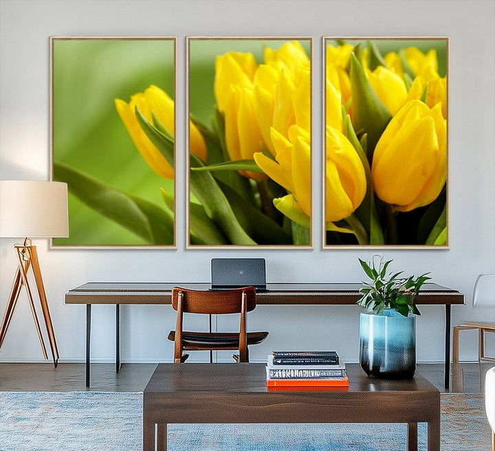 The Wall Art Yellow Tulips Canvas Print on a green background is featured.